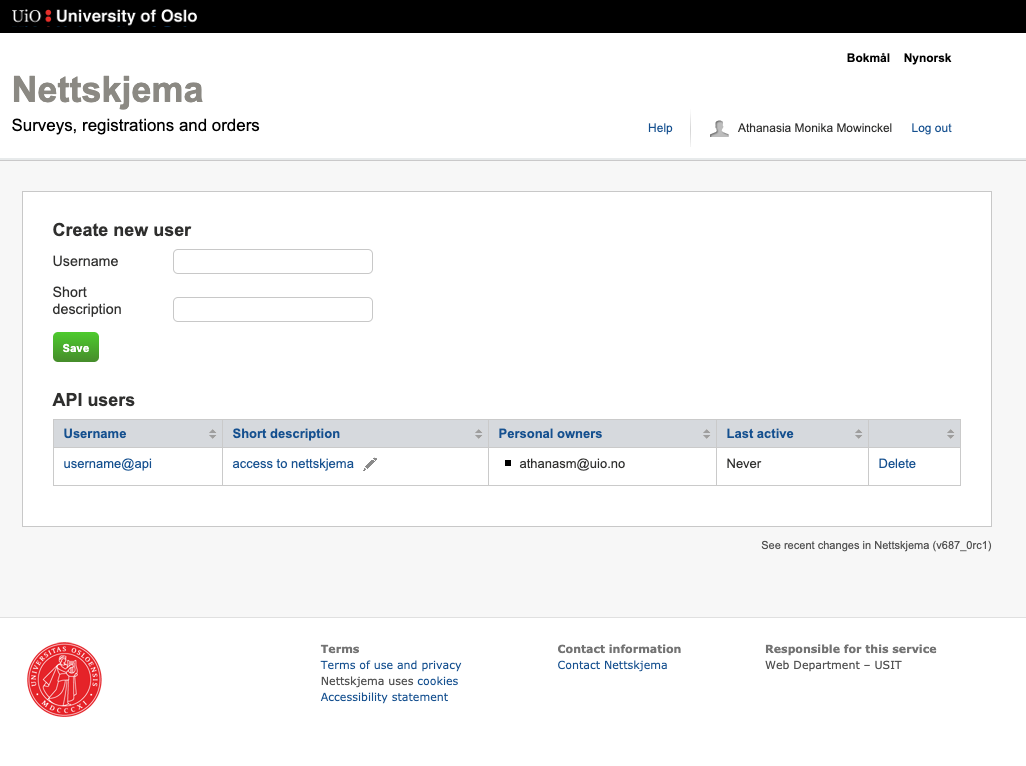 Click on the created API user name to access the token generation